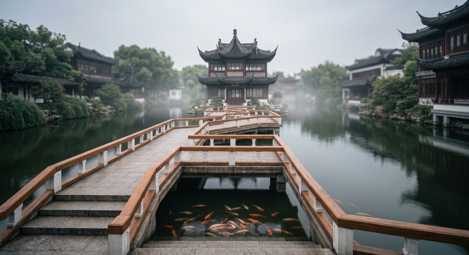 The zigzag Nine Bend Bridge leading to the Huxinting Teahouse, koi in the water below