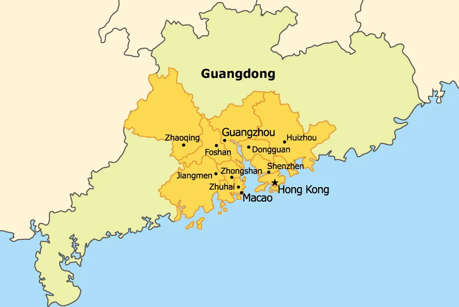 Map of Guangdong province marking Guangzhou, Shenzhen, Hong Kong, Macao and the other Greater Bay Area cities
