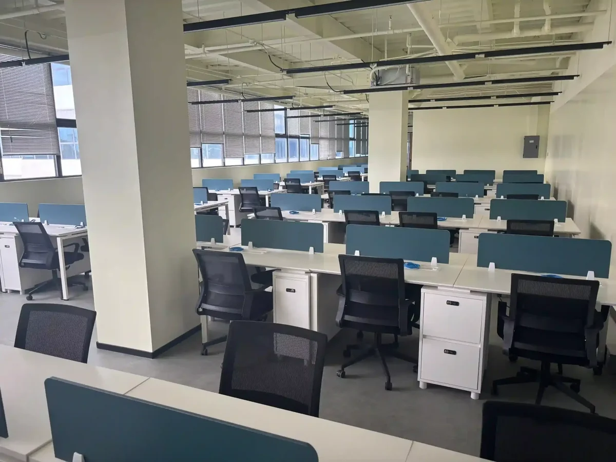 Rows of empty desks and chairs in an open-plan office