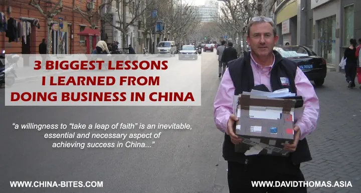 Title card reading 3 Biggest Lessons I Learned From Doing Business In China, over a street photograph of David Thomas