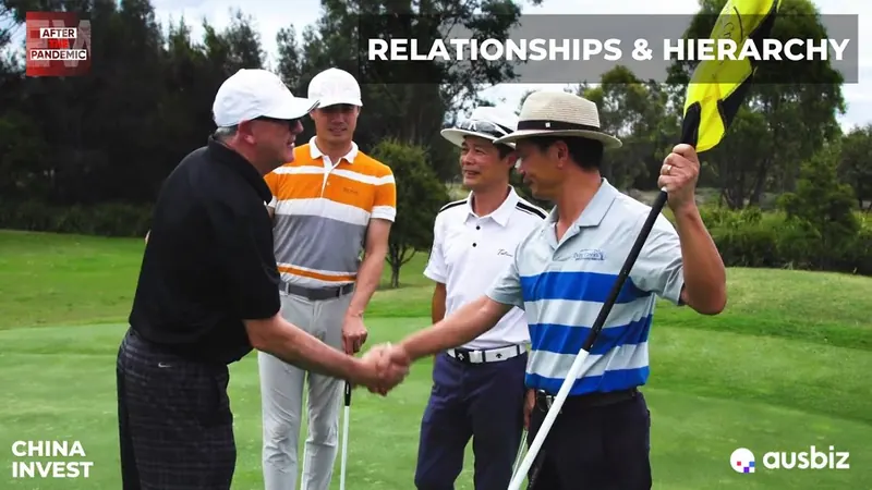 David Thomas greeting golfers on a course under the title “Relationships & Hierarchy”