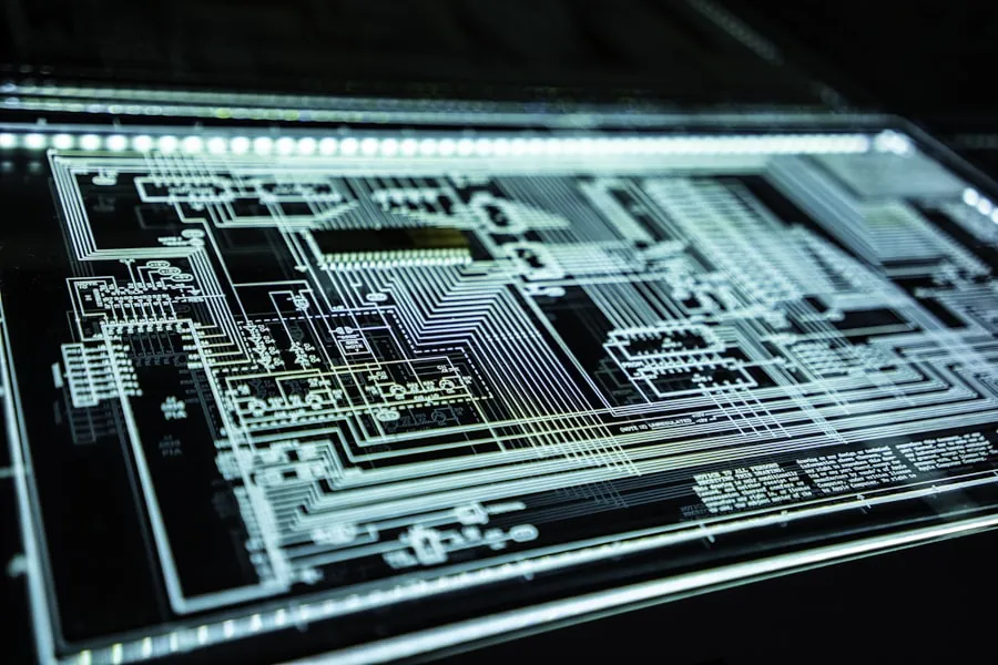 A circuit board schematic lit from below