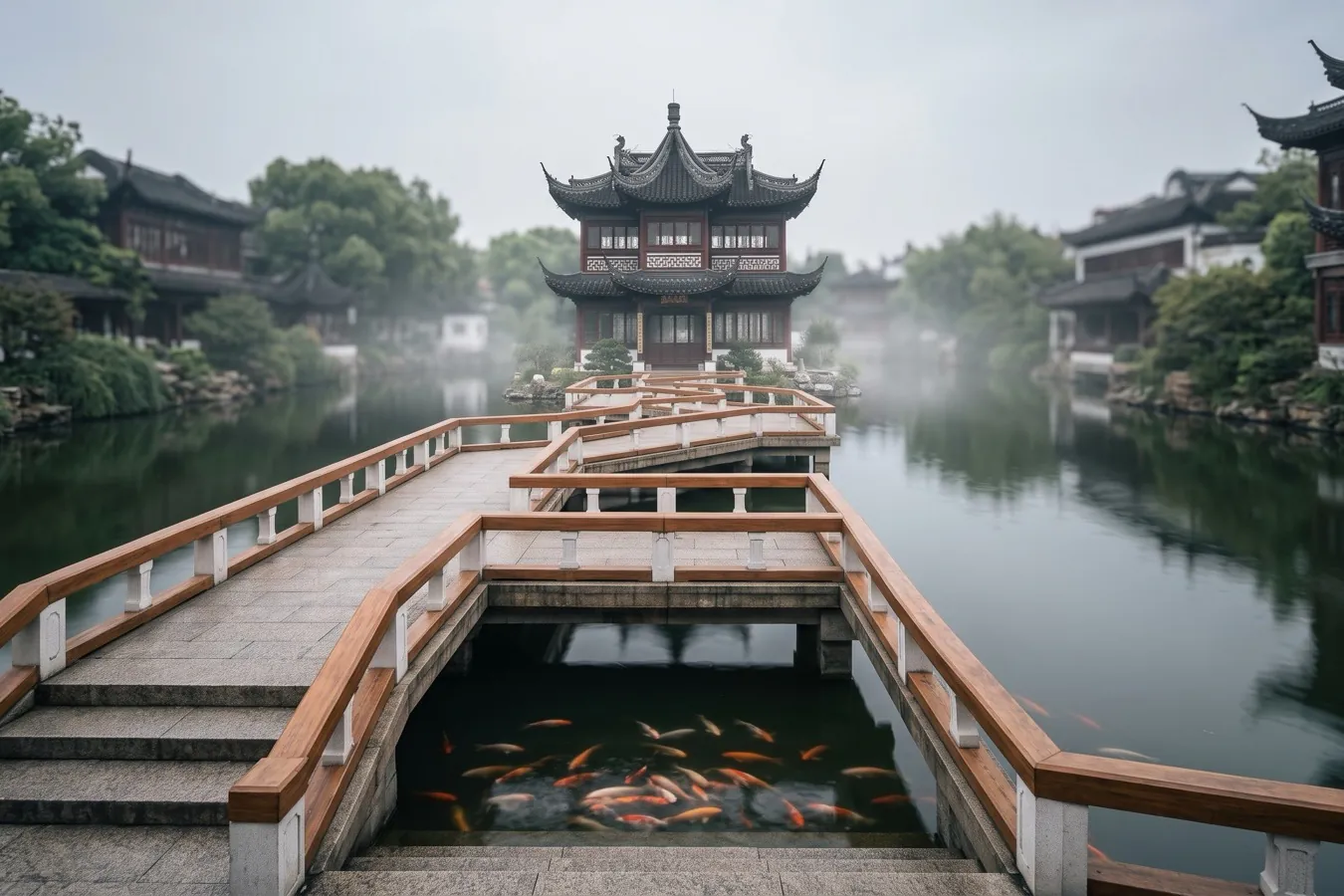 The zigzag Nine Bend Bridge leading across the water to the Huxinting Teahouse