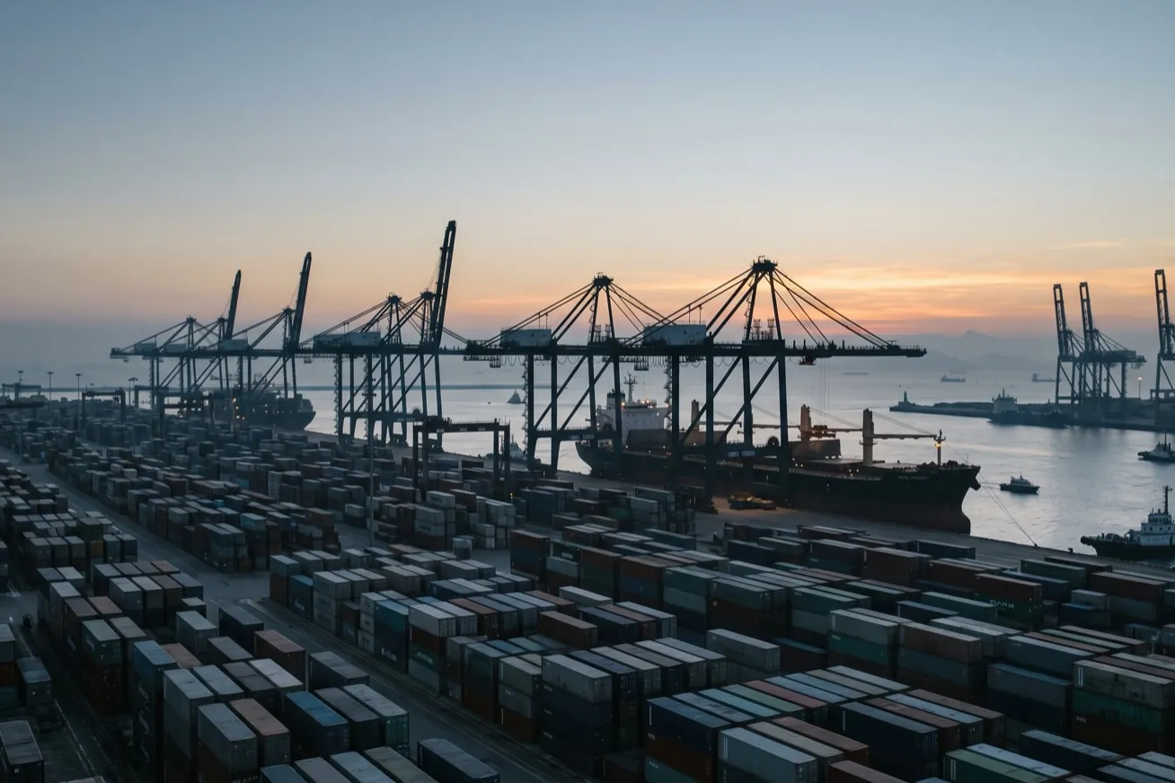 Container cranes over a stacked container port, a bulk carrier at the quay